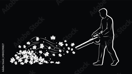 Black and white vector illustration of person using leaf blower to clear leaves — ideal for landscaping, maintenance, and seasonal design use.
