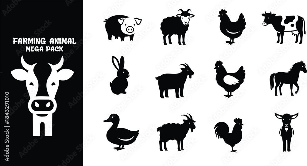 Obraz premium Farming animal mega pack vector illustration set black and white graphic design elements