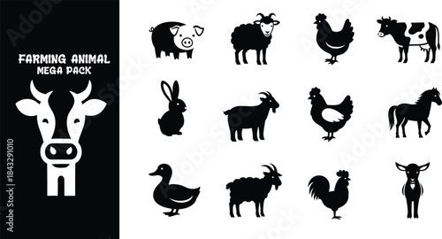 Farming animal mega pack vector illustration set black and white graphic design elements