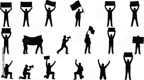 Black Silhouette Vector Set of Protest and Activist Poses with Signs, Flags, and Megaphones for Social Movement and Expression Design