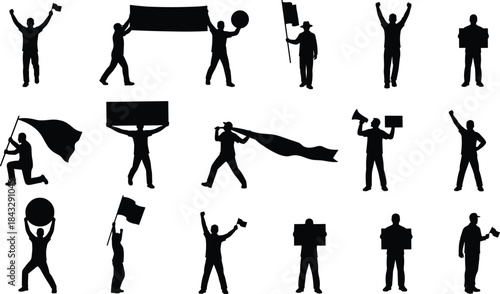 Black Silhouette Vector Set of Protest Poses Featuring Signs, Flags, and Megaphones for Activism, Demonstration, and Social Movement Design