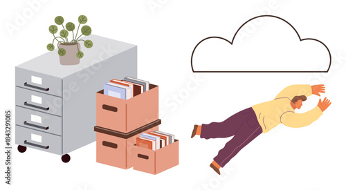 File cabinet, storage boxes, and a person reaching for a cloud. Ideal for data migration, technology adoption, digital transformation, cloud computing, organization innovation remote access. Simple