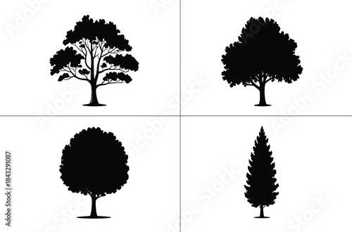 Collection of diverse tree black vector silhouettes, including deciduous, dense canopy, and tall coniferous shapes, ideal for landscape architecture, nature, and environmental graphic design projects.