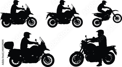 Set of male motorcycle riders on various bikes including adventure, touring, and motocross models, isolated vector silhouette collection.