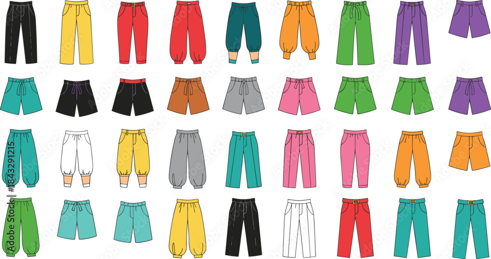 Fototapeta premium Colorful pants collection in grid layout featuring diverse styles, lengths, and designs for fashion catalog, retail, and inventory visuals.