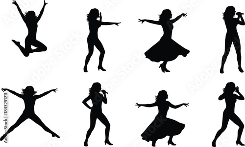 Black Silhouette Vector Collection of Dynamic Female Singers and Performers Dancing, Jumping, and Posing with a Microphone – Isolated on White Background