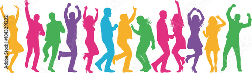 Colorful silhouette illustration of dancing people in vibrant poses representing celebration, diversity, movement, and joyful social interaction