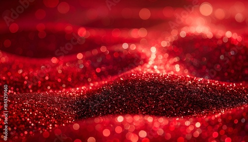 Close-up of red glitter surface with shimmering light reflections and gentle waves, festive and abstract.