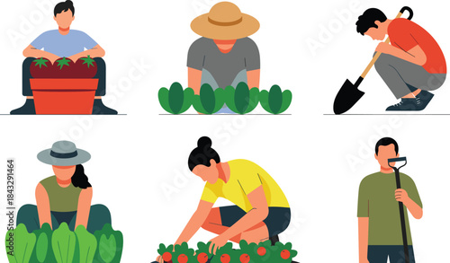 Flat design vector illustration set of diverse farmers and gardeners, depicting figures harvesting fruit, planting seedlings, and cultivating tomatoes and greens using shovels and hand tools.