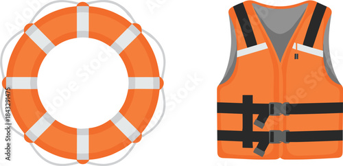Essential water safety equipment illustration featuring life buoy and life jacket for rescue, flotation, and personal protection in emergencies