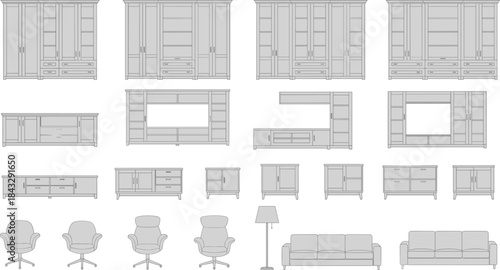 Monochrome furniture illustration grid featuring wardrobes, cabinets, sofas, chairs, and lamps for interior design and architectural visualization