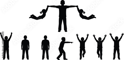 Playful silhouette illustration of children in various poses representing joy, movement, interaction, and social engagement in black design