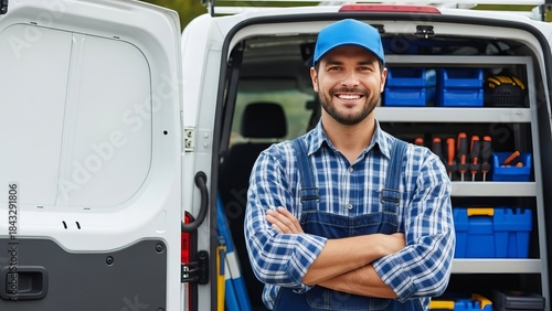 Smiling tradesman in blue cap and overalls stands ready for work beside his fully stocked service van