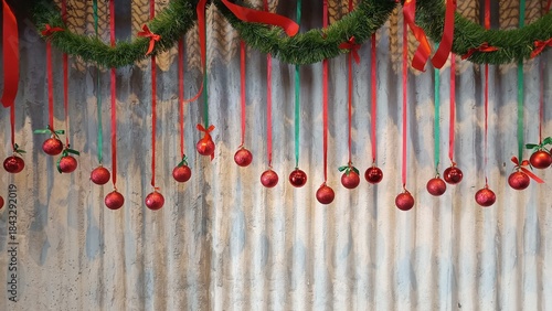 Festive Ornament Display: A cheerful scene with red Christmas ball ornaments elegantly suspended, enhanced by vibrant green and red ribbons.