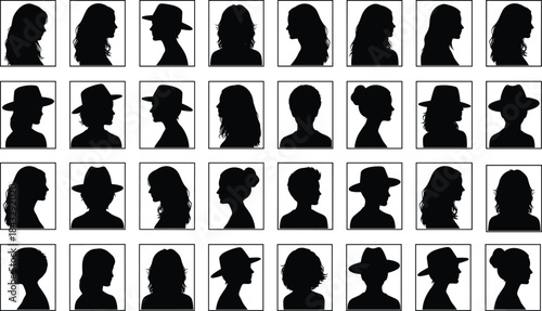 Silhouette profile portraits of diverse men and women with vintage hairstyles, hats, and accessories in minimalist black vector style grid