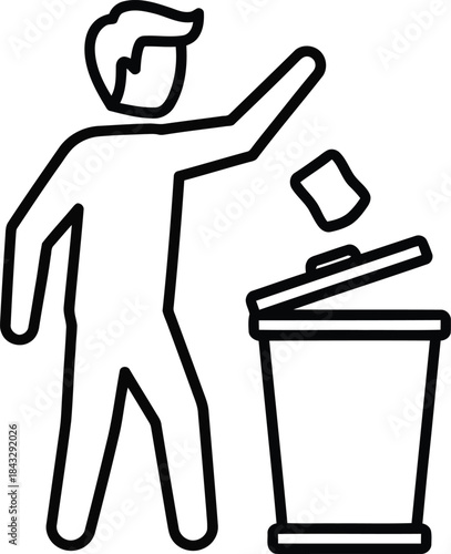 Line art illustration of a person throwing trash into a bin on transparent background