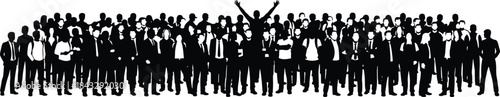 Silhouette vector of business crowd with standout leader raising arms — symbolizing leadership, teamwork, success, and corporate unity in black.
