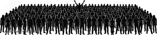 Silhouette vector of crowd with standout figure raising arms — symbolizing leadership, individuality, influence, and group dynamics in black and white.