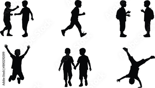 Silhouette vector set of children playing, running, jumping, and interacting — ideal for educational, social, and activity-themed design projects.