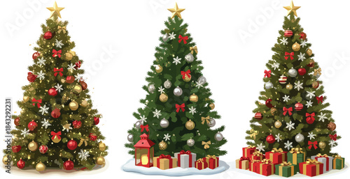 Set of Three Beautifully Decorated Christmas Trees with Red, Gold, and Silver Ornaments, Lights, Ribbons, and Wrapped Gifts at the Base, Vector