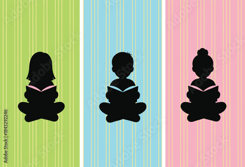 Silhouettes of children reading books against colorful backgrounds, promoting literacy, education, and imagination in a vibrant artistic concept.