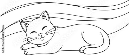 A relaxed cat lying down with wind lines illustration on transparent background