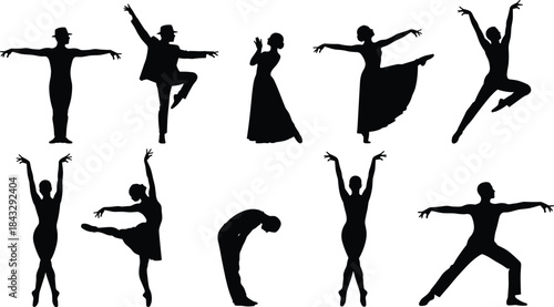 Stylized black silhouette illustration of ten dancers in expressive poses showcasing diverse dance styles, motion, emotion, and artistic form