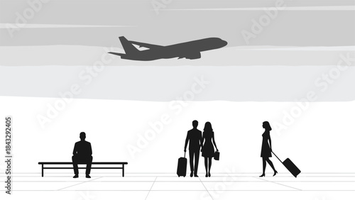 Stylized airport terminal illustration with airplane in flight and traveler silhouettes showing luggage movement and waiting activities