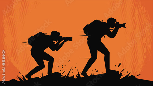 Silhouettes of photographers in action with cameras and backpacks on orange background, symbolizing exploration, creativity, and outdoor photography.
