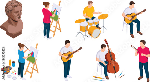 Isometric artists and musicians illustration set, painters sculptors instrumental performers, creative arts education concept, cultural activities design