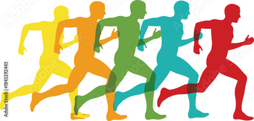 Colorful running silhouette vector illustration showing motion sequence of an athlete in dynamic sprint poses, symbolizing speed, fitness, progress, and energetic movement