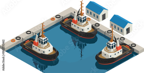 Isometric harbor tugboats illustration, port dock ships and warehouses scene, maritime transport industry, coastal logistics design