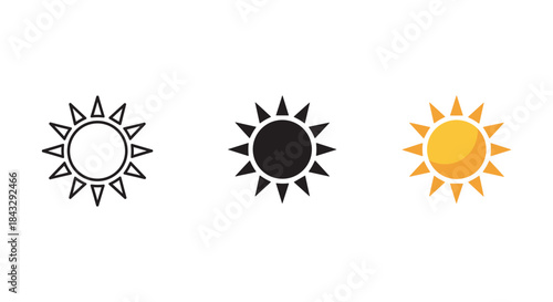 Set of sun icons in different styles and colors