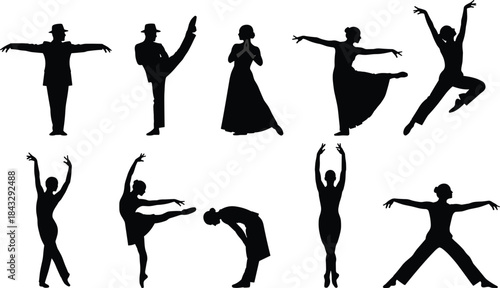 Stylized black silhouette illustration of ten dancers in expressive poses showcasing diverse dance styles, movement, balance, and artistic expression
