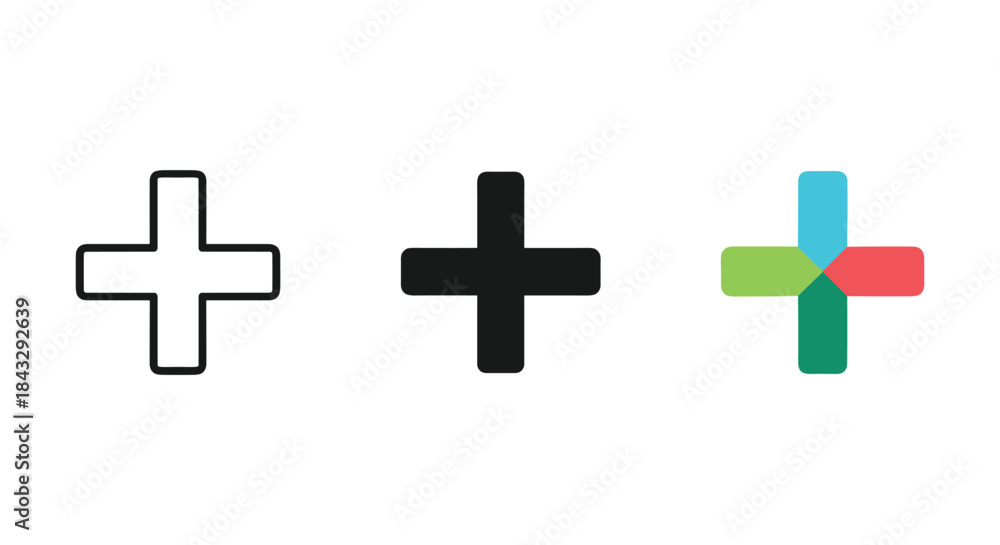 Fototapeta premium Collection of plus sign symbols in different styles