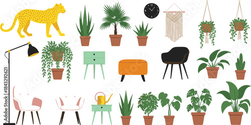 Modern interior decor vector collection featuring houseplants, potted greenery, furniture, lighting, wall accessories, and stylish home elements in a clean flat illustration style