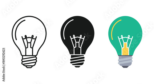 Three light bulbs in different colors and styles