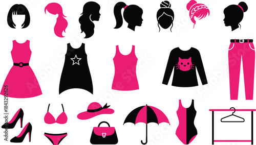 Stylized fashion icons of women’s clothing, accessories, and hairstyles in black and pink for design, retail, and branding use.