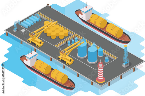 Isometric industrial port facility illustration, oil storage tanks pipelines cranes ships, maritime logistics energy infrastructure, coastal refinery design