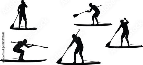 Black Silhouette Vector Collection of People Stand-Up Paddleboarding (SUP) in Various Action Poses – Water Sport, Recreation, and Fitness Isolated on White