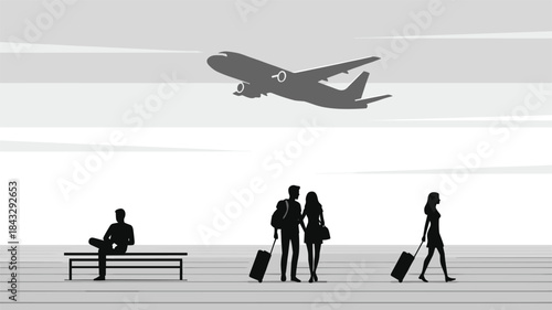 Stylized grayscale airport scene with airplane and traveler silhouettes depicting transit, waiting, and luggage movement in terminal setting