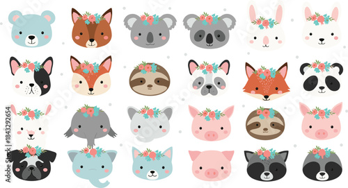 Cute animal face vector collection featuring adorable cartoon wildlife and pet characters with floral crowns, soft pastel colors, and charming kawaii illustration style