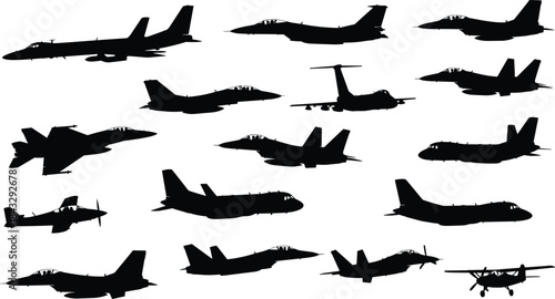 Set of various military aircraft silhouettes including supersonic fighter jets, bombers, and twin-propeller planes, aviation vector collection.
