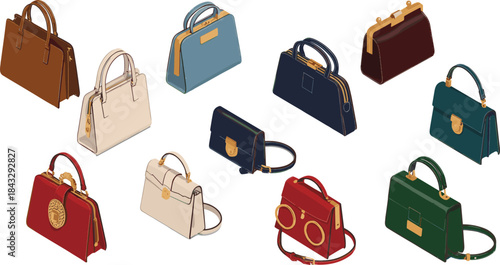 Isometric luxury handbag and purse collection, fashion accessories illustration, elegant leather bags set, women style retail concept
