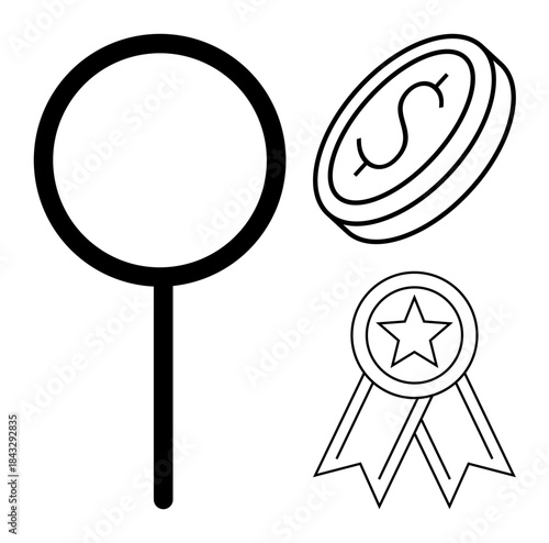 Financial planning, reward recognition, goal setting, economic success, analysis, motivation. Magnifying glass, dollar coin and star badge as line art. Financial planning and reward recognition