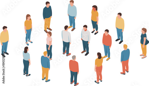 Isometric people standing illustration, diverse individuals group composition, social crowd concept, community population scene, flat design