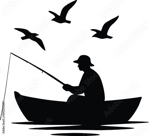 Silhouette of a man fishing in a boat with seagulls flying overhead isolated on