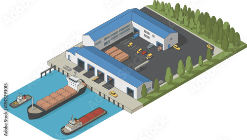 Isometric port freight terminal illustration, cargo ships loading at warehouse docks, logistics transportation hub, industrial shipping scene