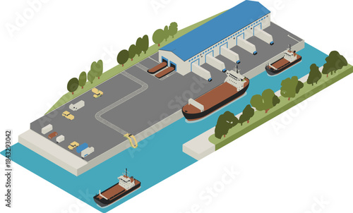 Isometric port freight terminal illustration, cargo ships loading at warehouse docks, logistics transportation hub, industrial shipping scene