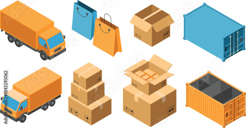 Isometric shipping and delivery icons set, cargo boxes containers trucks illustration, logistics transportation concept, ecommerce packaging design